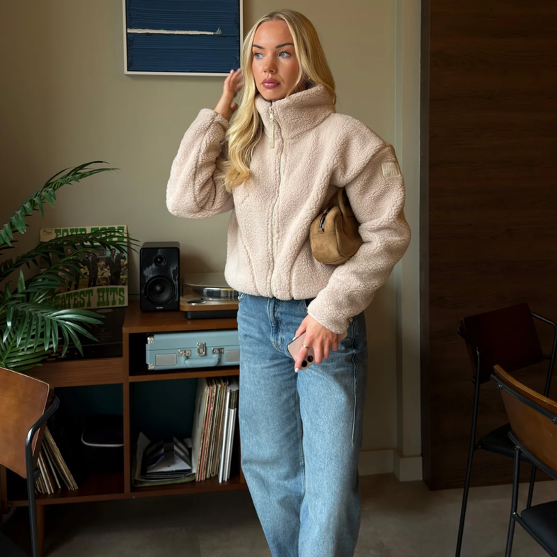 Gym + Coffee Women's Industry Fleece High Collar Jacket - Natural-3