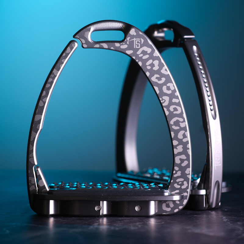 Tech Stirrups Venice Sloped Evo Swarovski Safety Stirrups Untamed Collection Leopard Stirrups - Titanium/Night