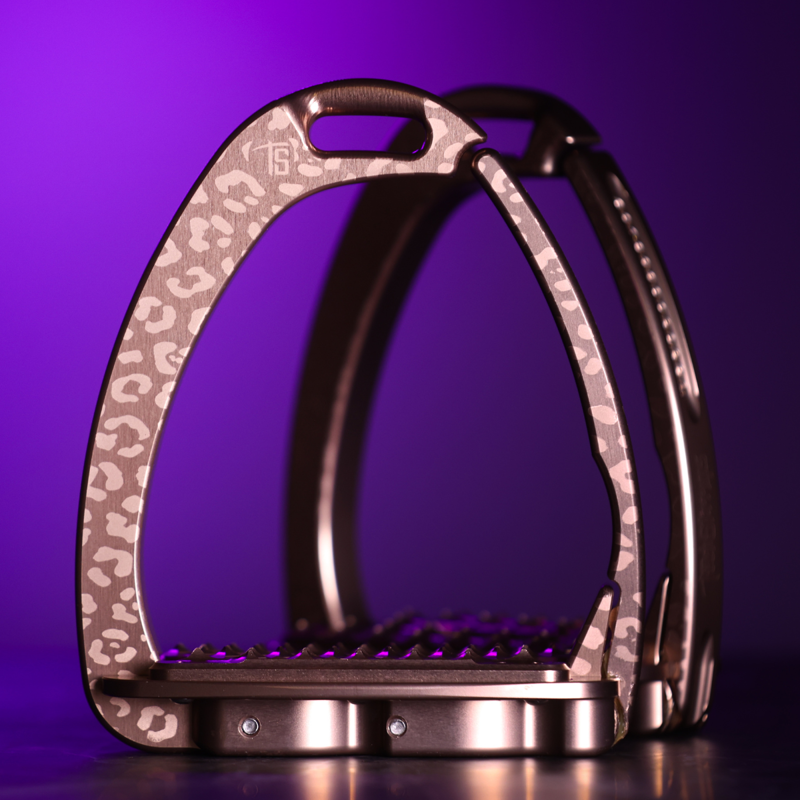 Tech Stirrups Venice Sloped Evo Swarovski Safety Stirrups Untamed Collection Leopard Stirrups - Rose Gold/Silk