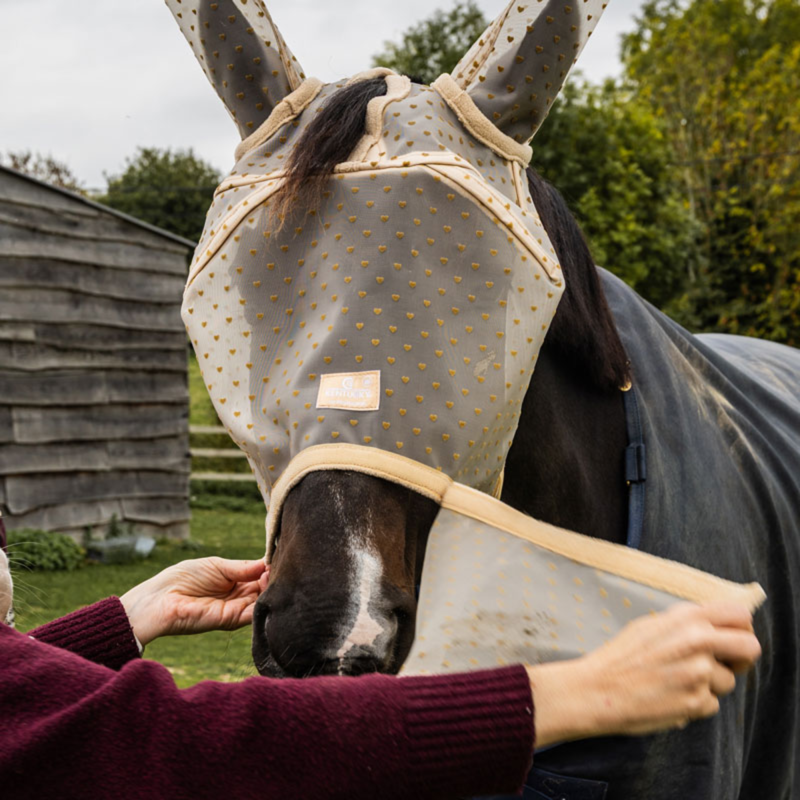  Kentucky Heart Fly Mask with Ears and Nose - Beige-1