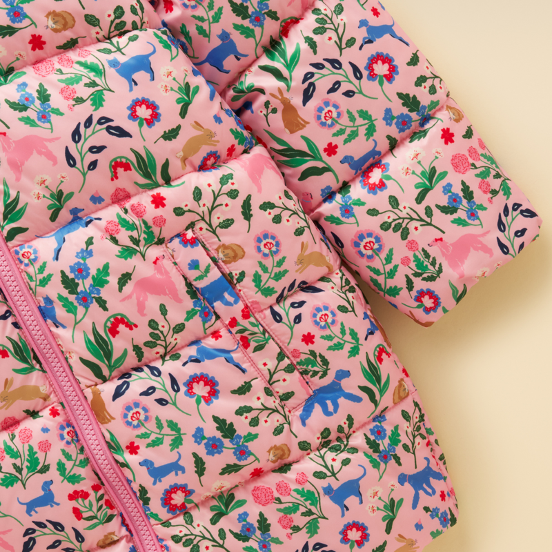 Joules Girls' Cairn Showerproof Padded Longline Coat - Pink Floral-2