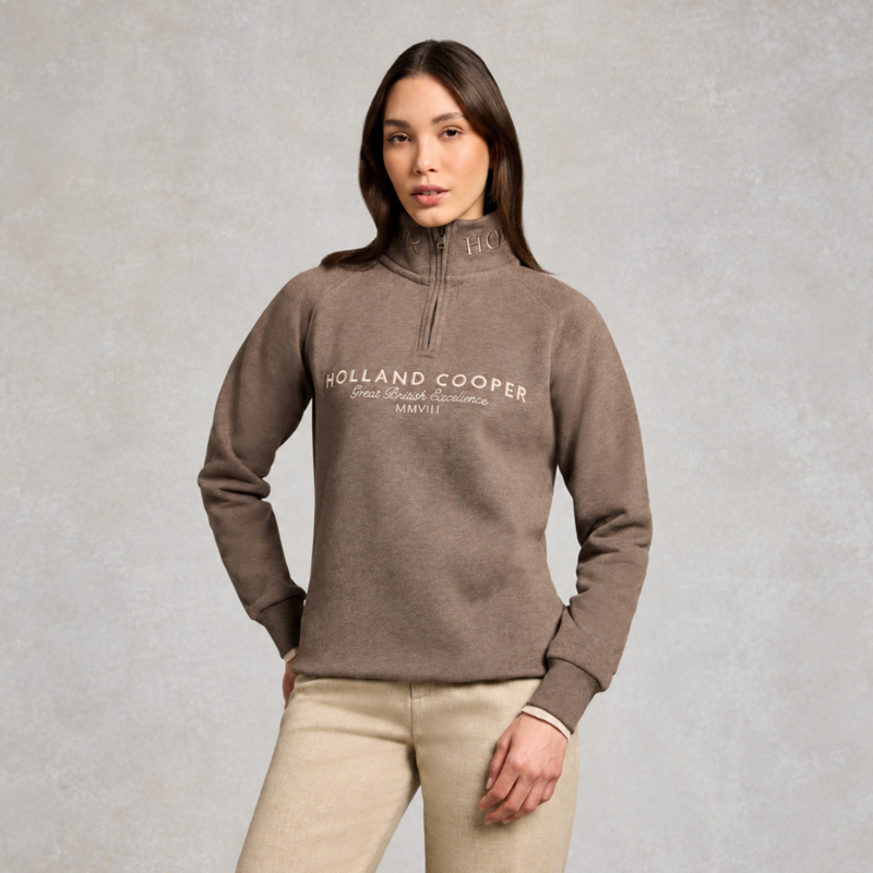 Holland Cooper Sporting Goods Zip Henley - Chocolate Marl