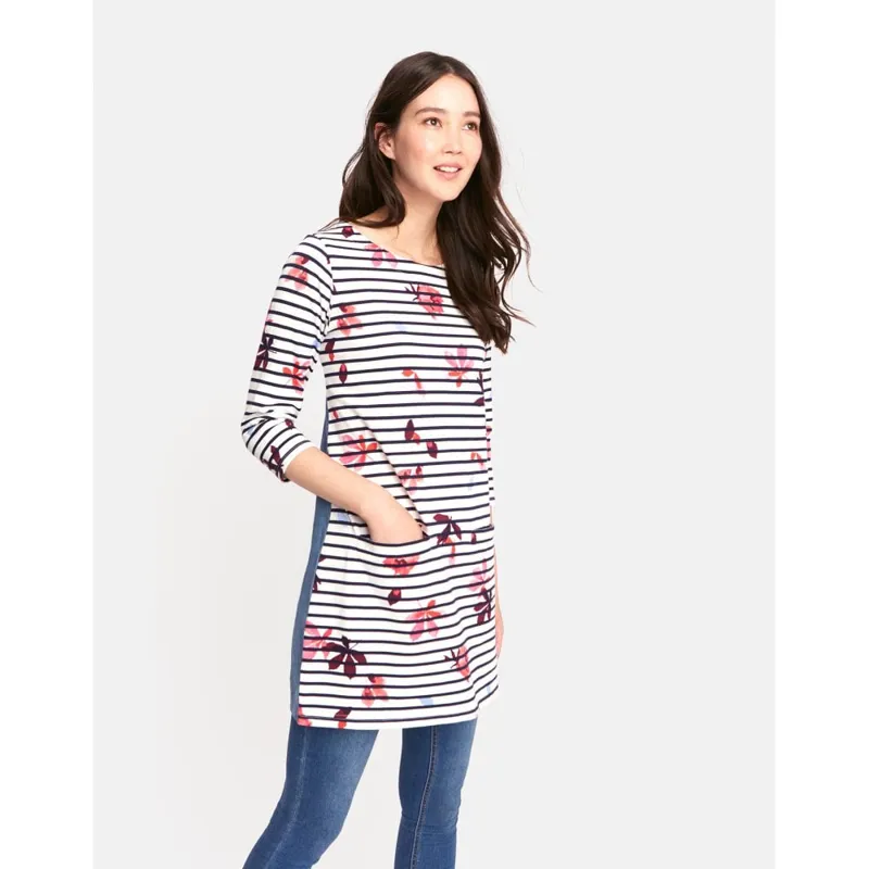 Joules Jade Jersey Woven Mix Tunic - French Navy Chestnut Leaves Stripe -2