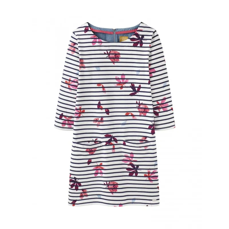 Joules Jade Jersey Woven Mix Tunic - French Navy Chestnut Leaves Stripe 