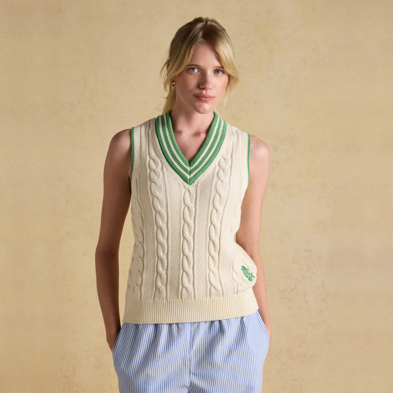 Joules Ladies Deuce Cotton Cable Knit Cricket Vest - Cream 