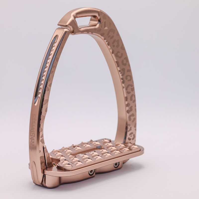 Tech Stirrups Children's Venice Sloped Evo Swarovski Safety Stirrups Untamed Collection Leopard Stirrups - Rose Gold/Silk-3