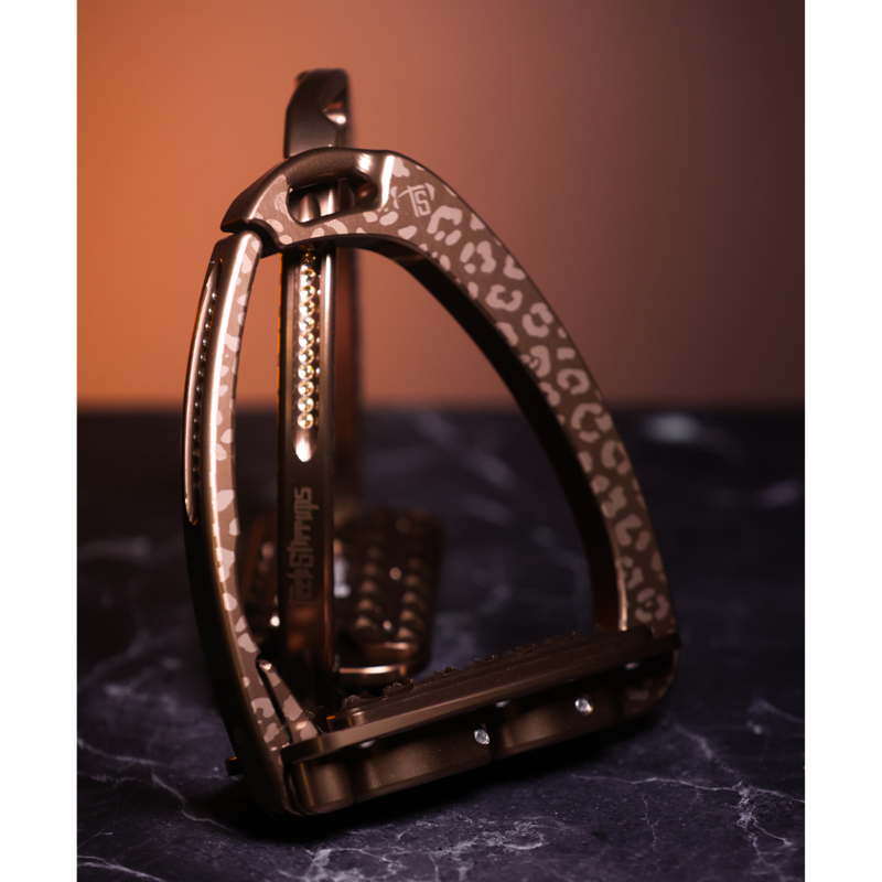 Tech Stirrups Children's Venice Sloped Evo Swarovski Safety Stirrups Untamed Collection Leopard Stirrups - Brown/Golden