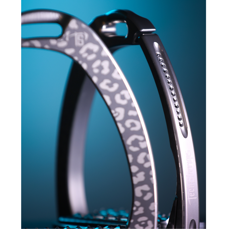 Tech Stirrups Children's Venice Sloped Evo Swarovski Safety Stirrups Untamed Collection Leopard Stirrups - Titanium/Night-1