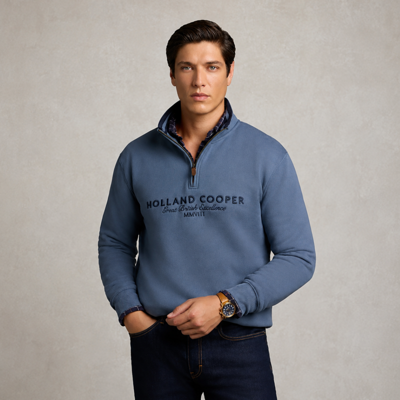 Holland Cooper Men's Heritage Quarter Zip Sweat - Denim Blue