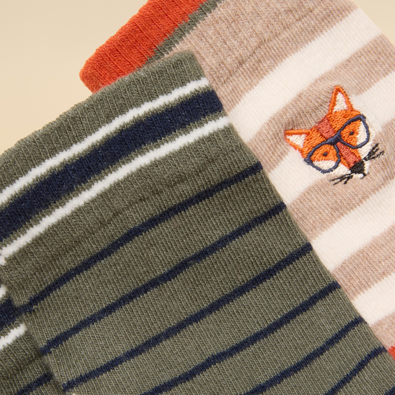 Joules Boys' Eat Feet 2 Pack Socks - Khaki and Orange Fox-1