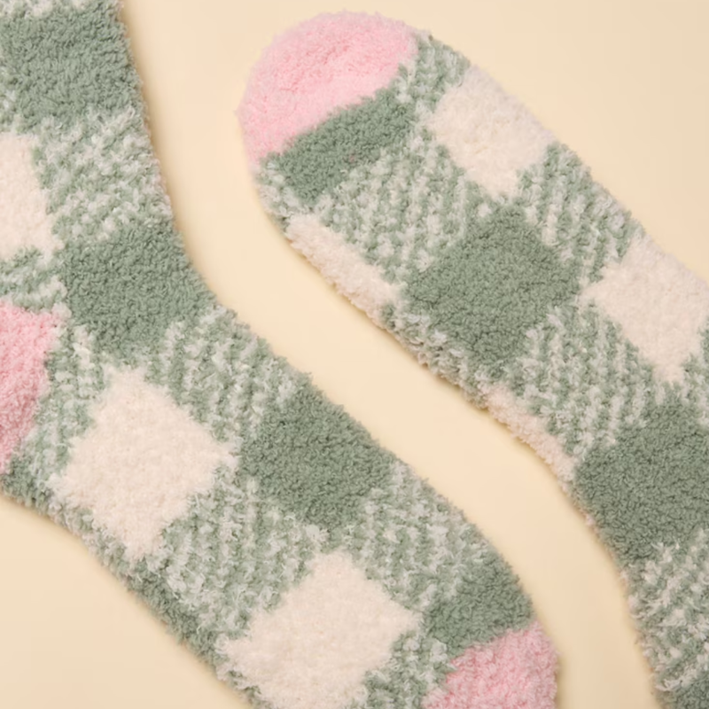 Joules Ladies Fluffy Socks - Green Check-1