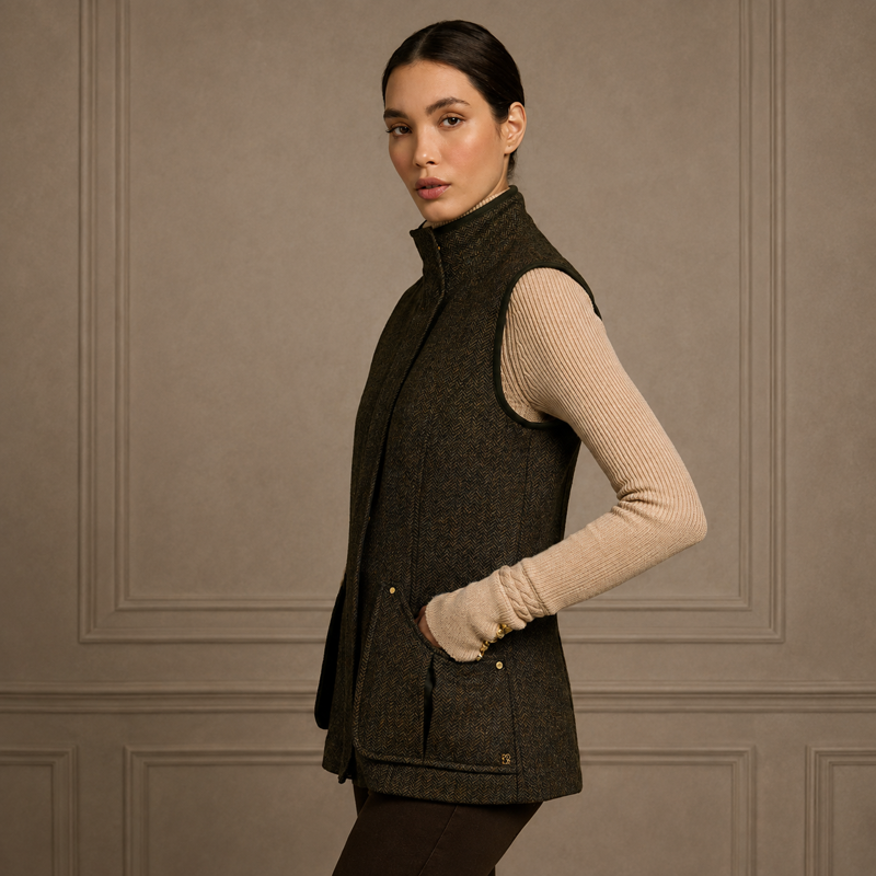 Holland Cooper Country Classic Tweed Gilet - Dark Green Herringbone
