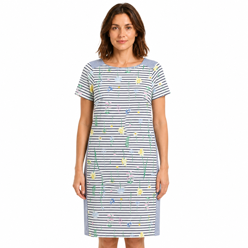 Joules Imelda Jersey Woven Mix Dress - Cream Stripe Floral