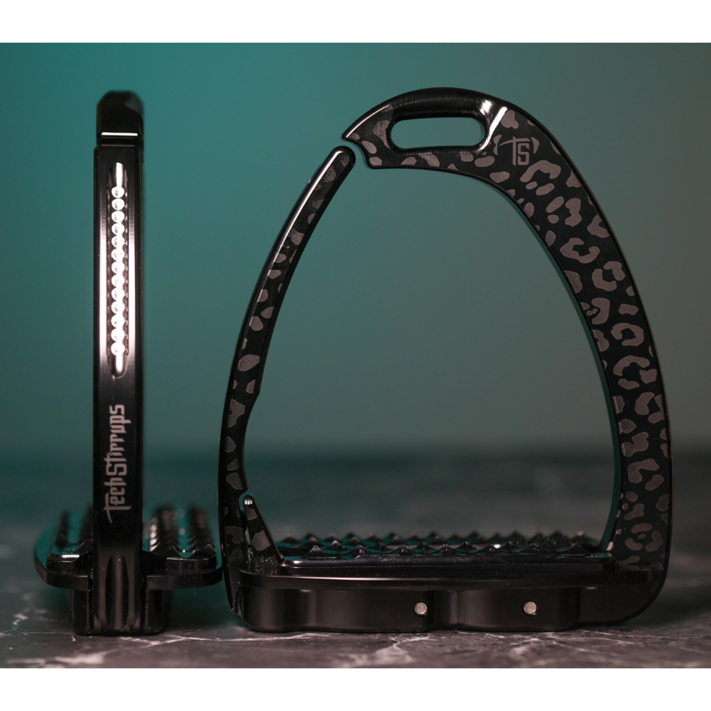 Tech Stirrups Children's Venice Sloped Evo Swarovski Safety Stirrups Untamed Collection Leopard Stirrups - Black/Crystal-1