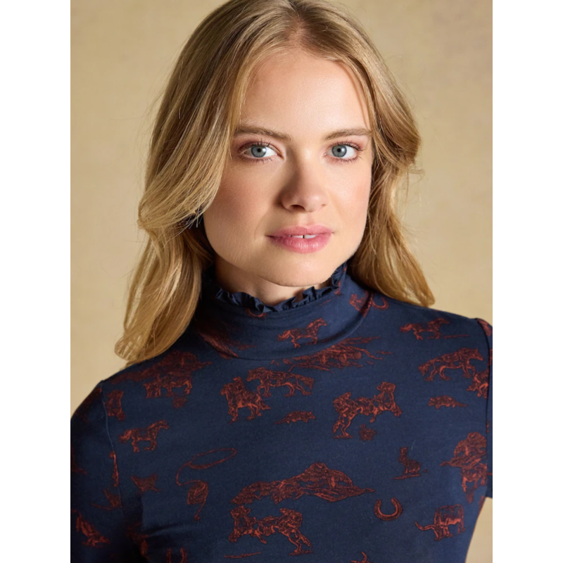 Joules Ladies Printed Amy High Frill Neck Jersey Top - Navy Western-3