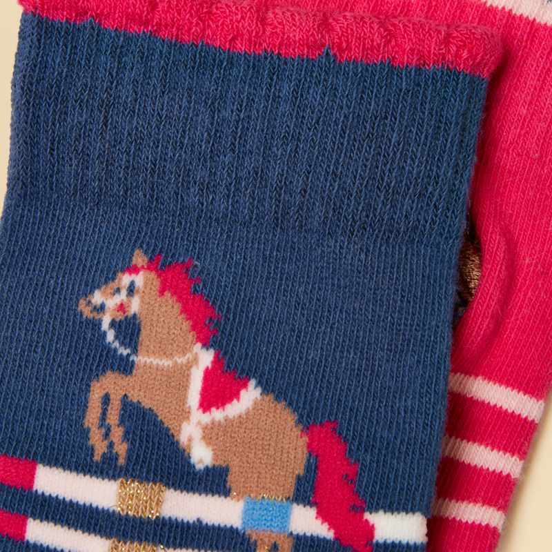 Joules Kids' Neat Feet 2 Pack Socks - Pink/Navy Horse-2