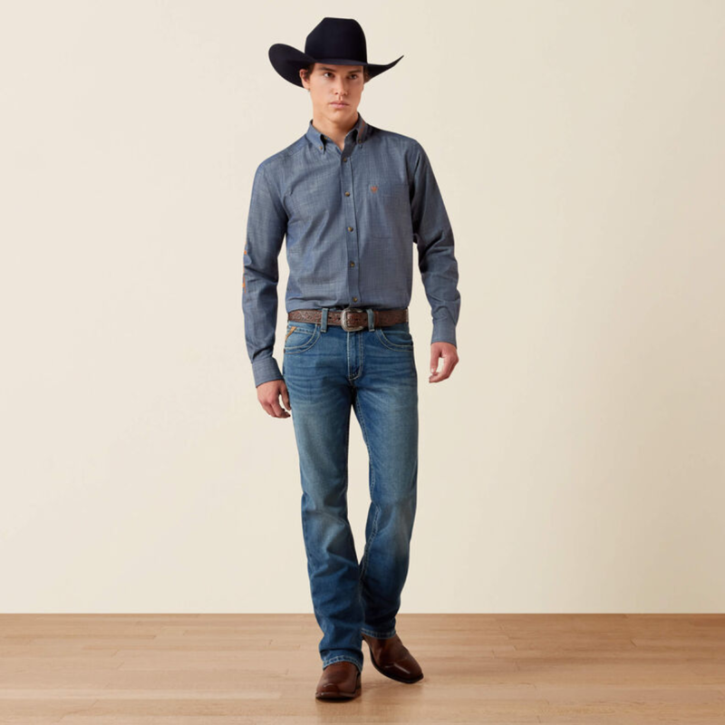 Ariat Men's Team Logo Twill Fitted Shirt - Chambray Blue/Saddle Brown-2
