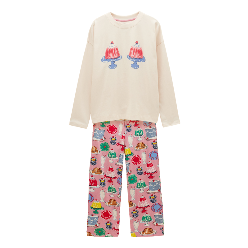 Joules Ladies Lyla Pyjamas - Cream/Pink Puddings Print-5