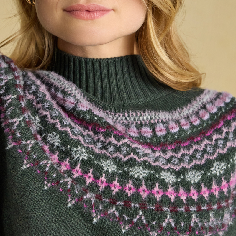 Joules Ladies Green Fair Isle High Neck Jumper - Green-2