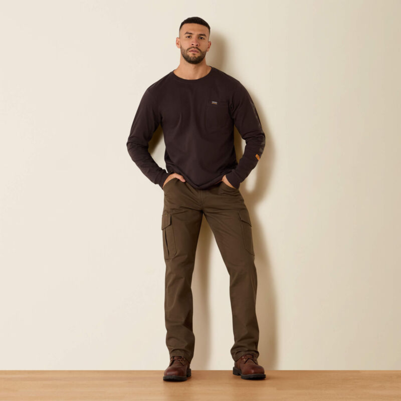 Ariat Men's Rebar Cotton Strong Standard Logo Pocket Long Sleeve T-Shirt - Licorice/Canteen-2