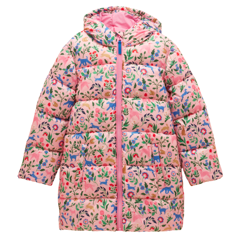 Joules Girls' Cairn Showerproof Padded Longline Coat - Pink Floral
