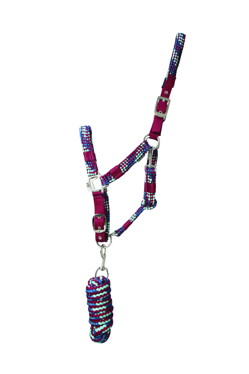 Hy Equestrian Multicolour Adjustable Head Collar with Rope - Burgundy/Teal/Mint