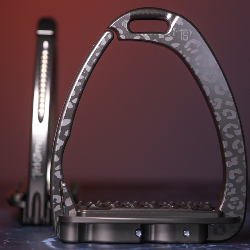 Tech Stirrups Children's Venice Sloped Evo Swarovski Safety Stirrups Untamed Collection Leopard Stirrups - Brown/Golden-2