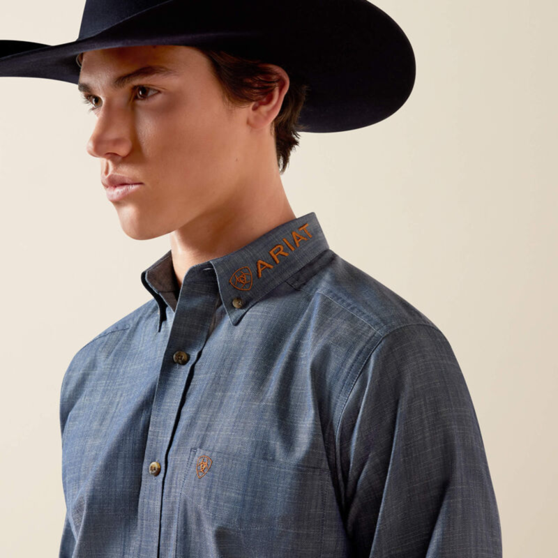 Ariat Men's Team Logo Twill Fitted Shirt - Chambray Blue/Saddle Brown-3