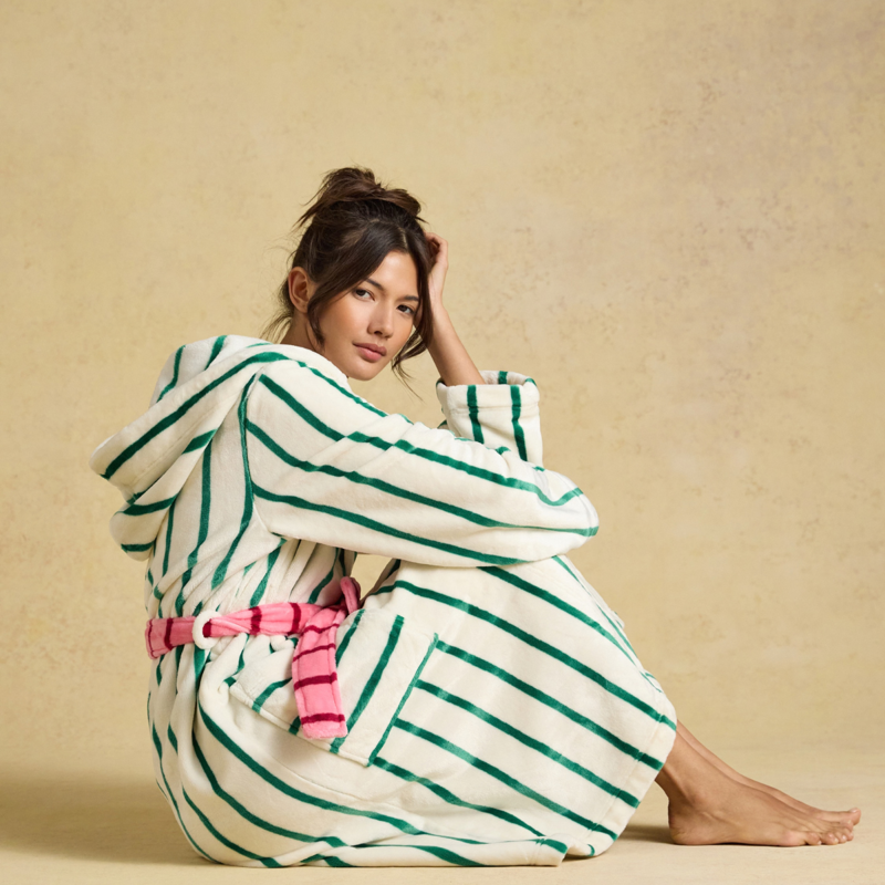 Joules Ladies Luna Dressing Gown - Green/White Stripe-3