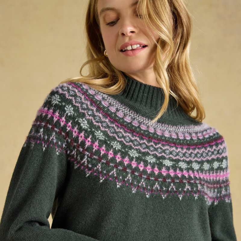 Joules Ladies Green Fair Isle High Neck Jumper - Green-3
