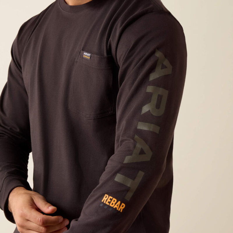 Ariat Men's Rebar Cotton Strong Standard Logo Pocket Long Sleeve T-Shirt - Licorice/Canteen-3