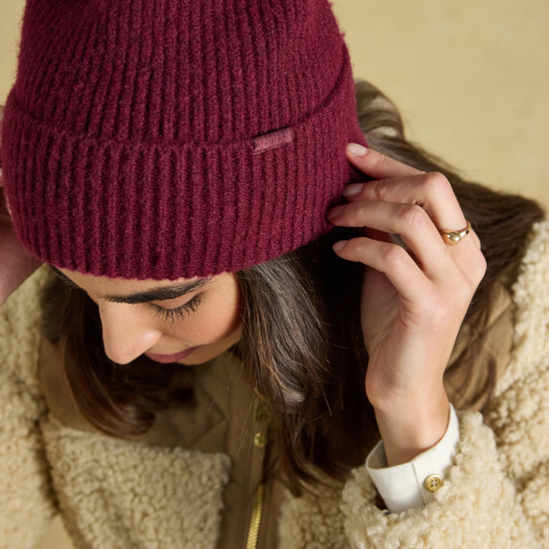 Joules Ladies Fine Knit Beanie - Berry Red-1