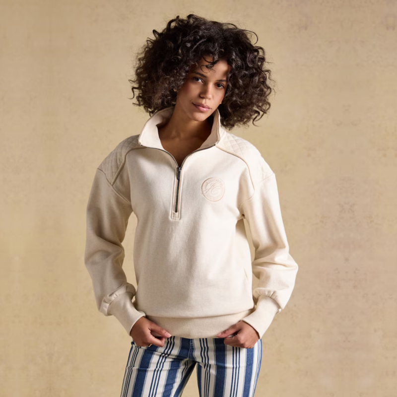 Joules Ladies Racquet Embroidered Quarter Zip Sweatshirt - Oatmeal