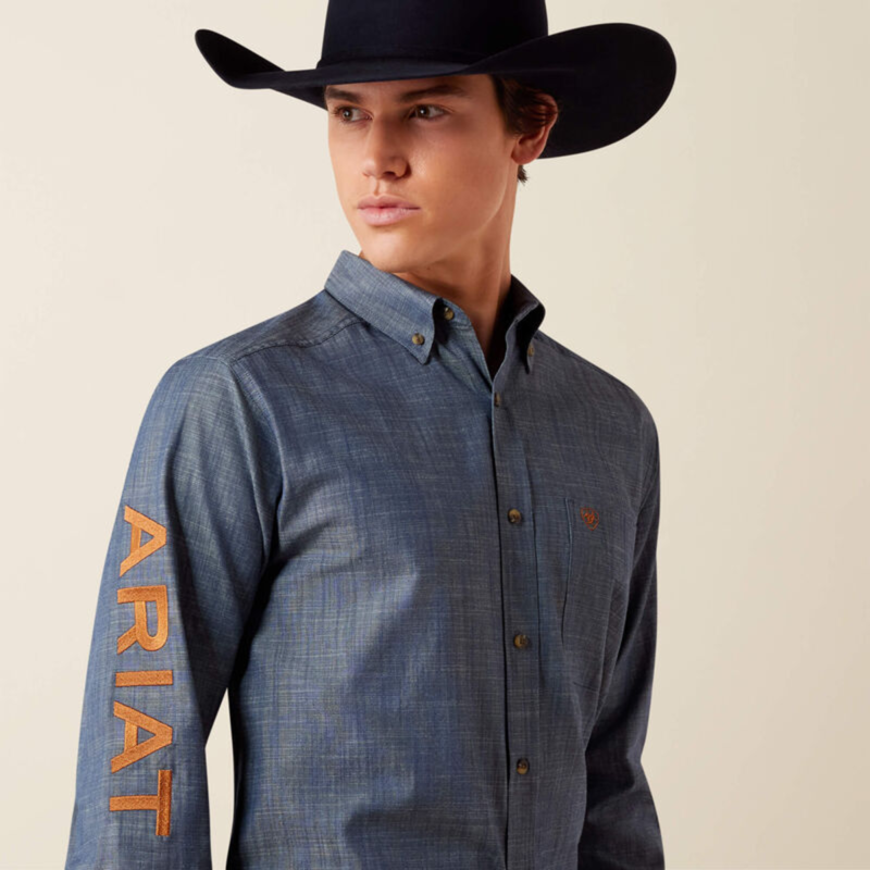Ariat Men's Team Logo Twill Fitted Shirt - Chambray Blue/Saddle Brown-4