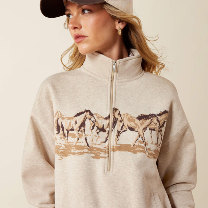 Ariat Women's Running Wild 1/2 Zip Sweatshirt - Oatmeal Heather-3
