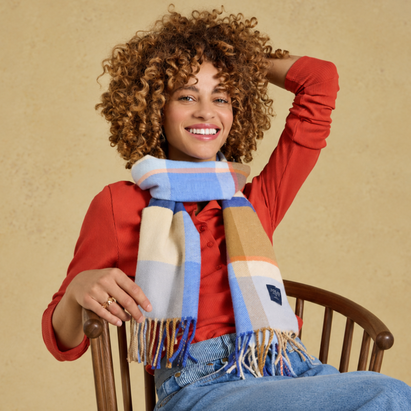 Joules Ladies Langtree Scarf - Blue Cream Check