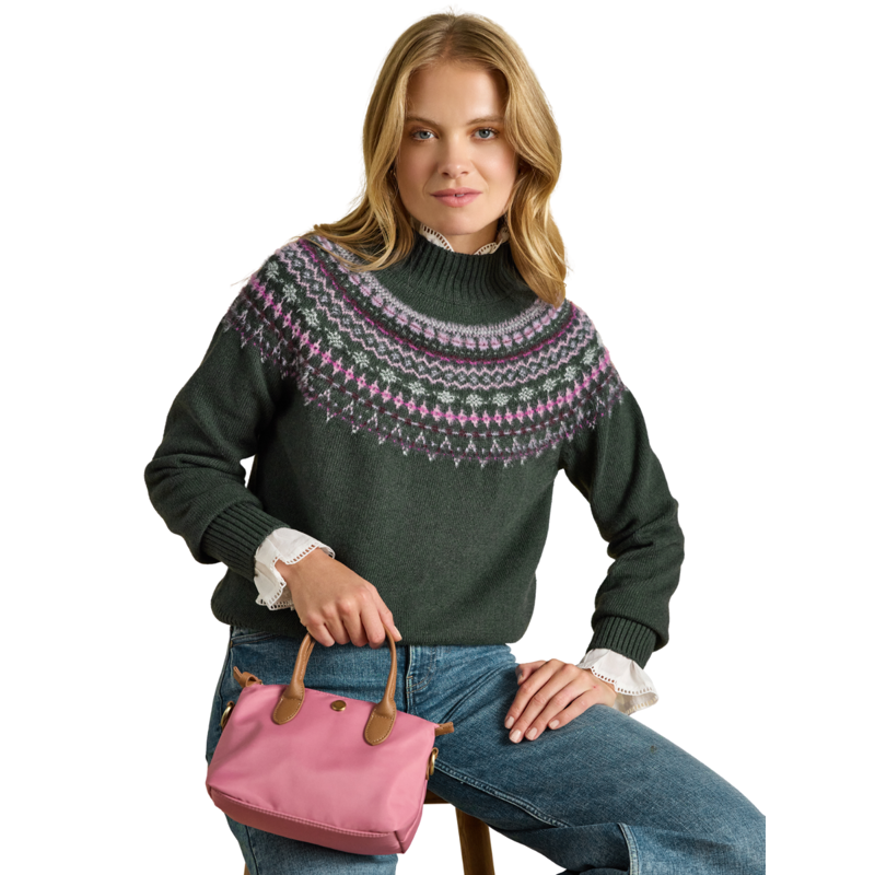 Joules Ladies Green Fair Isle High Neck Jumper - Green-4