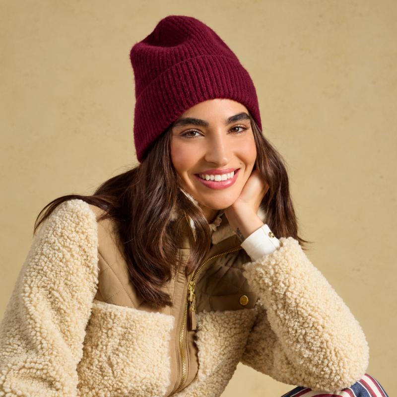Joules Ladies Fine Knit Beanie - Berry Red