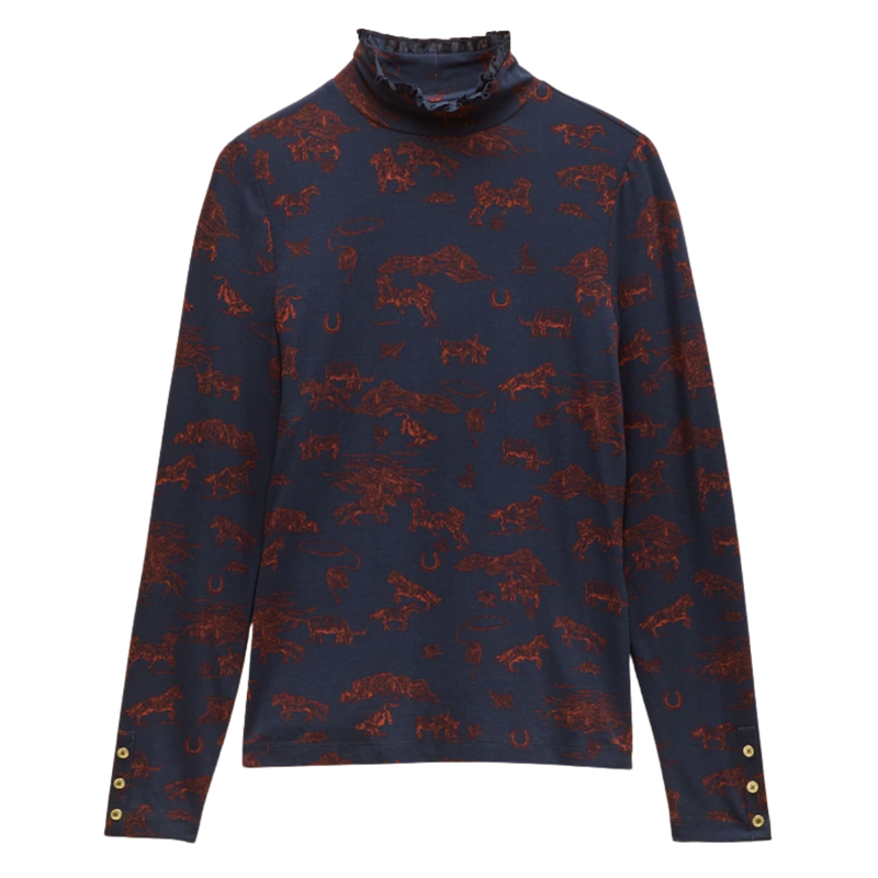 Joules Ladies Printed Amy High Frill Neck Jersey Top - Navy Western-5
