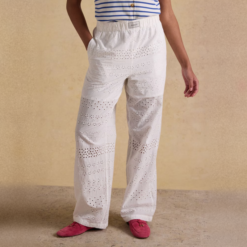 Joules Ladies Hallie Pull On Cotton Trousers - White Broderie