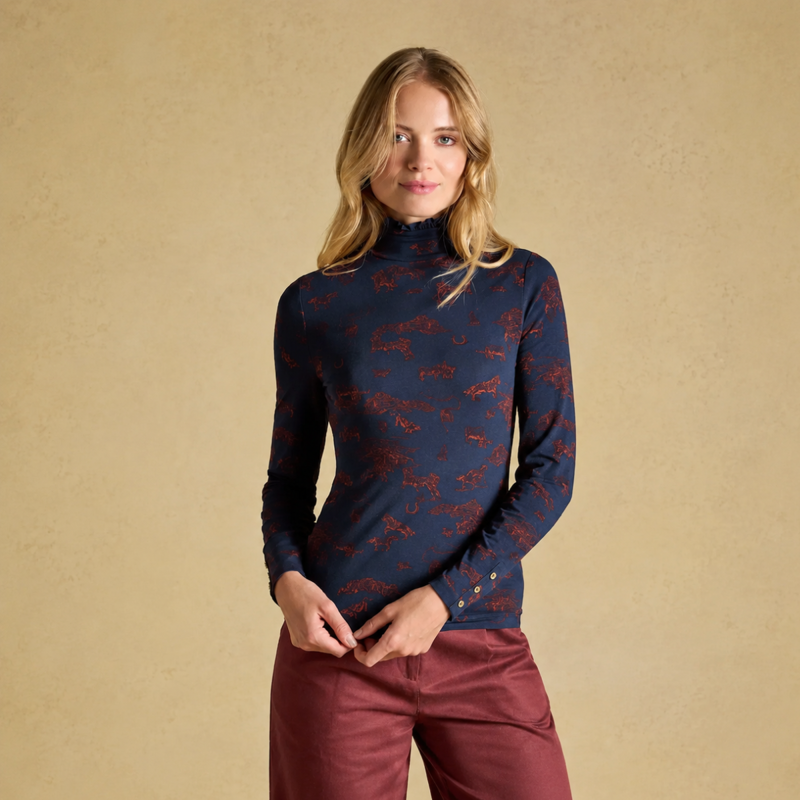 Joules Ladies Printed Amy High Frill Neck Jersey Top - Navy Western