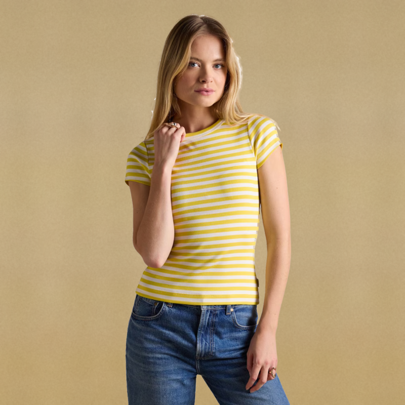 Joules Ladies Sophie Short Sleeve Ribbed T-Shirt - Yellow Stripe