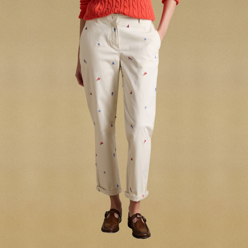 Joules Ladies Slim Fit Chino Trousers - Cream Embroidered