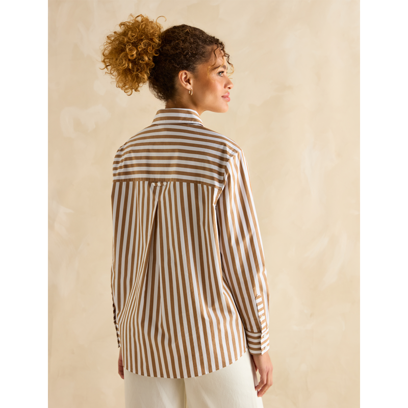 Joules Ladies Amilla Stripe Longline Relaxed Fit Shirt - Tan/White-3