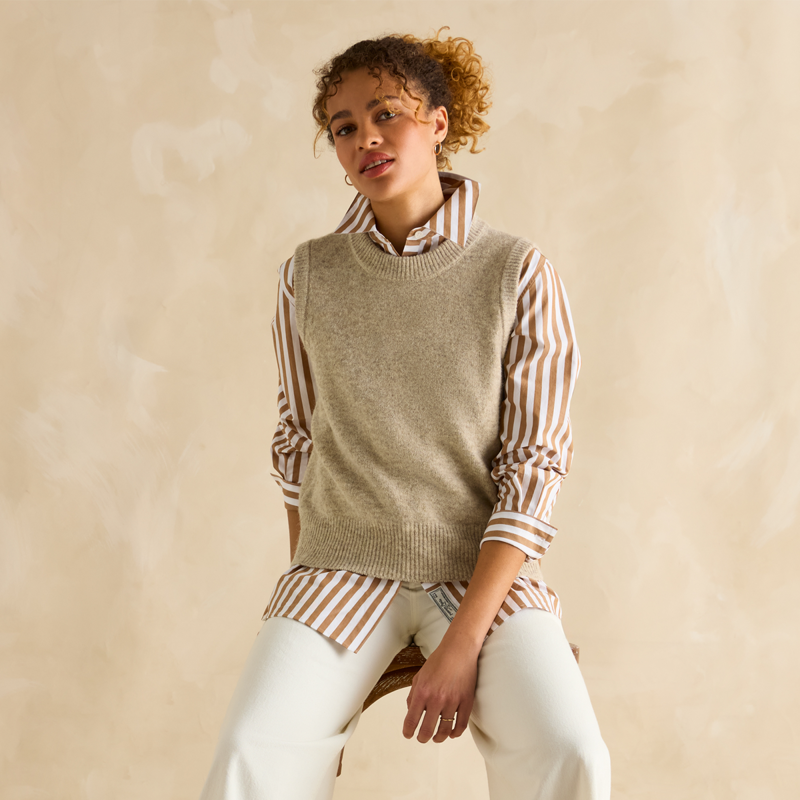 Joules Ladies Amilla Stripe Longline Relaxed Fit Shirt - Tan/White-4