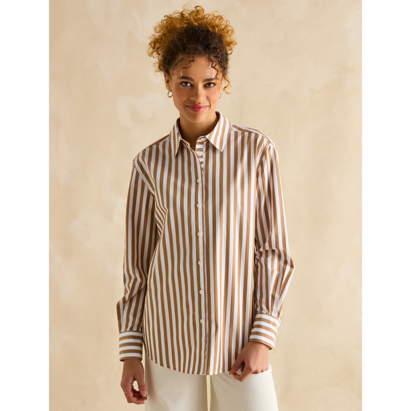 Joules Ladies Amilla Stripe Longline Relaxed Fit Shirt - Tan/White-1