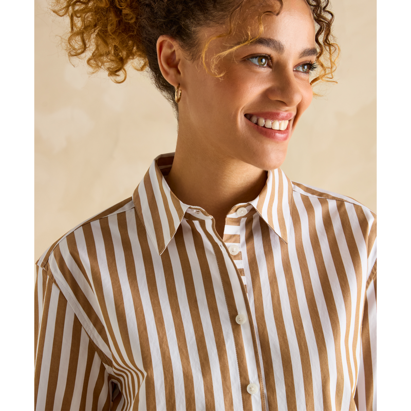 Joules Ladies Amilla Stripe Longline Relaxed Fit Shirt - Tan/White-8