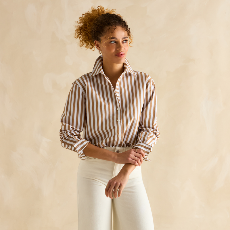 Joules Ladies Amilla Stripe Longline Relaxed Fit Shirt - Tan/White-2