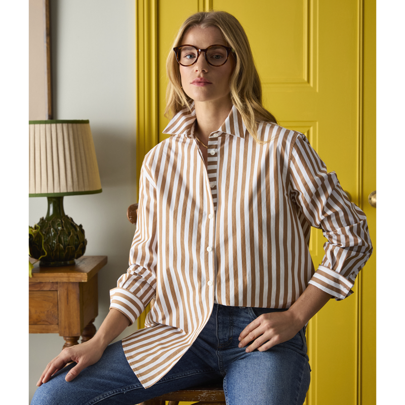 Joules Ladies Amilla Stripe Longline Relaxed Fit Shirt - Tan/White-7