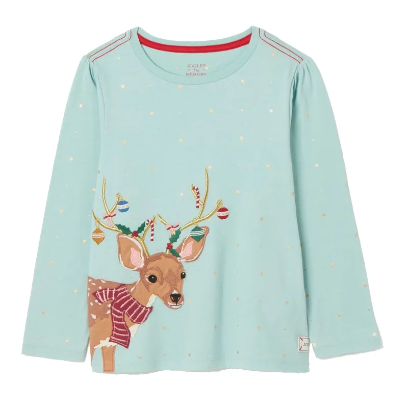 Joules Girls' Ava Artwork T-Shirt - Blue Christmas Deer